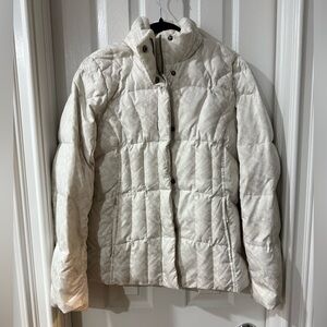 Eddie Bauer Women's White and Silver Patterned Quilted Jacket. Size small.